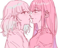 Rule 34 | 2girls, alpholo v, blush, earrings, eye contact, feather earrings, feathers, highres, hololive, hololive english, imminent kiss, jewelry, long hair, looking at another, mori calliope, multiple girls, pink hair, sweat, sweatdrop, takanashi kiara, virtual youtuber, yuri