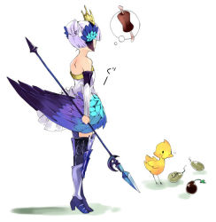 Rule 34 | 1girl, armor, armored dress, bare shoulders, bird, boned meat, chick, crown, dress, food, gameplay mechanics, gwendolyn (odin sphere), hair bun, meat, multicolored wings, no choker, oboro keisuke, odin sphere, polearm, seed, single hair bun, solo, spear, strapless, strapless dress, thighhighs, thought bubble, weapon, white hair, wings