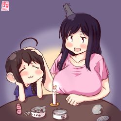 Rule 34 | 2girls, :3, aged down, ahoge, alternate costume, artist logo, black hair, blue shirt, blush, bottle, braid, breasts, can, candle, candlelight, canned food, collarbone, dated, elbow rest, fire, fire, fork, hair ornament, hand on another&#039;s head, head rest, headpat, highres, kanon (kurogane knights), kantai collection, large breasts, long hair, multiple girls, open can, open mouth, pink shirt, red eyes, shigure (kancolle), shirt, short hair, signature, single braid, smile, table, yamashiro (kancolle)