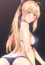 Rule 34 | 1girl, ahoge, artoria caster (fate), artoria pendragon (fate), ass, back, bare shoulders, bikini, blonde hair, blue bikini, blush, bow, breasts, fate/grand order, fate (series), green eyes, hair bow, large breasts, long hair, looking at viewer, looking back, parted lips, ponytail, sidelocks, solo, swimsuit, zucchini