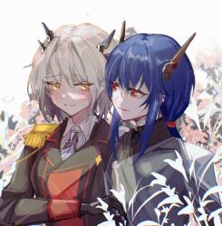 Rule 34 | 2girls, arknights, black gloves, black horns, black jacket, blue hair, blue necktie, blush, ch&#039;en (arknights), chinese commentary, chromatic aberration, chuhuodiandeng, closed mouth, coat, collared shirt, commentary request, epaulettes, eye contact, eyes visible through hair, gloves, grey coat, grey hair, hair between eyes, heads together, highres, horns, jacket, lapels, long hair, long sleeves, looking at another, military uniform, multiple girls, necktie, open mouth, plant, red eyes, shirt, short hair, smile, talulah (arknights), unfinished, uniform, upper body, white shirt, yellow eyes, yuri