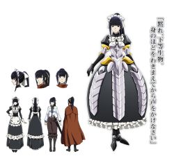 Rule 34 | 1girl, armor, black hair, blue eyes, blush, boots, breastplate, breasts, character sheet, concept art, elbow gloves, expressions, faulds, female focus, from behind, full body, gloves, long hair, looking at viewer, maid, narberal gamma, official art, overlord (maruyama), ponytail, serious, simple background, solo, standing, surprised, sword, weapon, white background