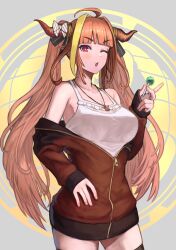 Rule 34 | 1girl, :o, ahoge, alternate hairstyle, bare shoulders, blonde hair, breasts, candy, cleavage, closed mouth, collarbone, commentary request, dragon girl, dragon horns, dragon tail, emblem, food, hair intakes, highres, hololive, horn ornament, horn ribbon, horns, janoukyo19, kiryu coco, kiryu coco (loungewear), large breasts, lollipop, long hair, long sleeves, looking at viewer, multicolored eyes, multicolored hair, official alternate costume, one eye closed, orange hair, pointy ears, purple eyes, red eyes, ribbon, sidelocks, simple background, slit pupils, smile, solo, spaghetti strap, standing, strap slip, streaked hair, tail, track suit, twintails, unzipped, upper body, virtual youtuber, white background