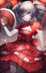 Rule 34 | 1girl, bare legs, breasts, bronya zaychik, chinese new year, chinese zodiac, cleavage, closed mouth, dress, drill hair, festival, frilled dress, frills, grey eyes, grey hair, hair between eyes, hair ornament, hand fan, highres, holding, honkai (series), honkai impact 3rd, jewelry, looking at viewer, new year, rabbit hair ornament, red dress, red ribbon, ribbon, small breasts, smile, solo, tare (tonikaku magaru), twin drills