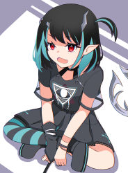 Rule 34 | 1girl, absurdres, arm warmers, black dress, black footwear, black hair, black thighhighs, blue hair, blue thighhighs, breasts, commentary request, demon girl, demon horns, demon tail, dress, eye of providence, fang, full body, highres, horns, indian style, looking at viewer, medium hair, multicolored hair, nanashi inc., official alternate costume, one side up, open mouth, pointy ears, red eyes, shishio chris, shishio chris (3rd costume), short sleeves, shumi-kun, single arm warmer, single thighhigh, sitting, skin fang, small breasts, solo, sugar lyric, tail, thighhighs, two-tone hair, virtual youtuber