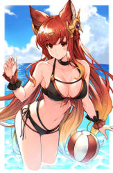 Rule 34 | 1girl, animal ears, anthuria, bad id, bad pixiv id, ball, bare shoulders, beachball, bikini, black bikini, black choker, blue sky, blush, braid, breasts, choker, cleavage, cloud, collarbone, commentary request, day, erune, granblue fantasy, hair between eyes, hair ornament, highres, koretsuki azuma, large breasts, long hair, looking at viewer, navel, ocean, outdoors, parted lips, red eyes, red hair, skindentation, sky, solo, standing, swimsuit, wading, water, wrist cuffs