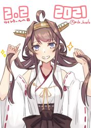 Rule 34 | 1girl, 2021, ahoge, alakoala, alternate costume, brown hair, commentary request, dated, detached sleeves, double bun, grin, hair bun, hairband, headgear, highres, japanese clothes, kantai collection, kongou (kancolle), long hair, looking at viewer, low twintails, one-hour drawing challenge, ribbon-trimmed sleeves, ribbon trim, smile, solo, sparkle, twintails, twintails day, twitter username, upper body, white background