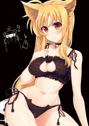 1girl animal_ears bell black_bra black_panties blonde_hair blush bra breasts cameltoe cat_ears cat_lingerie cleavage closed_mouth fate_testarossa large_breasts long_hair looking_at_viewer lyrical_nanoha mahou_shoujo_lyrical_nanoha_strikers meme_attire navel neck_bell panties raiou red_eyes solo underwear