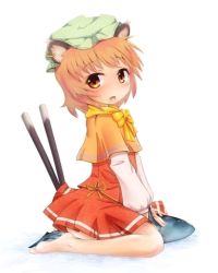 Rule 34 | 1girl, animal ears, barefoot, brown hair, capelet, cat ears, cat girl, cat tail, chen, female focus, fish, full body, hat, multiple tails, orange eyes, reversed, sanuki (zigzagflamberge), short hair, simple background, sitting, solo, tail, touhou, wariza, white background