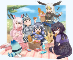 Rule 34 | 5girls, animal ears, animal print, arm behind back, bald eagle (kemono friends), basket, bird girl, bird tail, bird wings, black hair, black jaguar (kemono friends), blanket, blonde hair, blue eyes, blunt ends, boots, border, bottle, bread, breast pocket, bright pupils, brown eyes, collared shirt, common raccoon (kemono friends), day, eating, elbow gloves, extra ears, fang, floating, food, food in mouth, full body, gloves, greater flamingo (kemono friends), grey hair, hair between eyes, hand up, head wings, highres, holding, holding food, jacket, jaguar ears, jaguar girl, jaguar print, jaguar tail, japanese clothes, japari symbol, jitome, kemono friends, kimono, layered sleeves, leaning forward, long hair, long sleeves, looking at another, looking at food, looking at object, lucky beast (kemono friends), medium hair, microskirt, multicolored hair, multiple girls, necktie, ogami tadashina, open mouth, outdoors, pantyhose, parted lips, picnic, picnic basket, pink hair, pink jacket, plains zebra (kemono friends), plastic bottle, pleated skirt, pocket, print gloves, print kimono, print necktie, print skirt, print sleeves, raccoon ears, raccoon girl, scarf, shirt, short over long sleeves, short sleeves, sidelocks, sitting, skirt, smile, snack, spread wings, tail, thighhighs, tree, tsurime, two-tone hair, very long hair, white border, white hair, white pupils, wing collar, wings, yellow eyes, zebra ears, zebra girl, zebra print