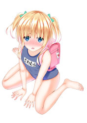 Rule 34 | 1girl, absurdres, aged down, backpack, bag, bare shoulders, barefoot, between legs, blonde hair, blue eyes, blue one-piece swimsuit, blush, bow, character name, feet, from above, green bow, hair bow, hand between legs, highres, long hair, looking at viewer, one-piece swimsuit, saenai heroine no sodatekata, sawamura spencer eriri, school swimsuit, shirouzu myuuta, short twintails, simple background, sitting, solo, swimsuit, toes, twintails, white background