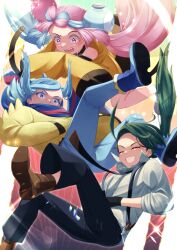Rule 34 | 1boy, 2girls, ahoge, black gloves, black necktie, black pants, blue footwear, blue hair, blush, boots, brown footwear, closed eyes, commentary request, creatures (company), falling, game freak, gloves, green hair, grin, grusha (pokemon), hand in pocket, highres, iono (pokemon), jacket, long hair, mocacoffee 1001, multiple girls, necktie, nintendo, open mouth, pants, pink hair, pokemon, pokemon sv, ponytail, rika (pokemon), scarf, shirt, sidelocks, smile, striped clothes, striped scarf, suspenders, sweatdrop, teeth, twintails, upper teeth only, yellow jacket