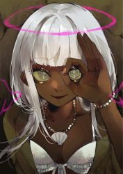 Rule 34 | 1girl, bikini, bracelet, breasts, brown jacket, cleavage, collarbone, commentary request, danganronpa (series), danganronpa v3: killing harmony, dark-skinned female, dark skin, dated, frilled bikini, frilled skirt, frills, ganguro, green eyes, grey eyes, halo, hand over eye, hand up, highres, jacket, jewelry, ko jira, long hair, looking at viewer, low twintails, necklace, signature, skirt, smile, solo, swimsuit, twintails, upper body, white hair, yonaga angie