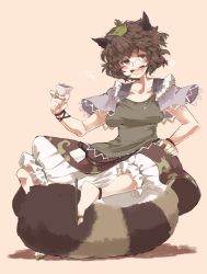 Rule 34 | 1girl, animal ears, bloomers, breasts, brown eyes, brown hair, cup, drooling, drunk, eyebrows, female focus, futatsuiwa mamizou, glasses, highres, iroyopon, large breasts, leaf, leaf on head, object on head, open mouth, raccoon ears, raccoon tail, shirt, sitting, skirt, smile, solo, squeans, tail, tanuki, thick eyebrows, touhou, underwear