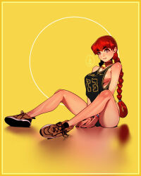Rule 34 | 1girl, basketball jersey, bell, belle (cheunchin), bottomless, braid, breasts, brown choker, brown eyes, brown footwear, cheunchin, choker, commentary, cowbell, english commentary, full body, gem, hair rings, highres, large breasts, long hair, looking at viewer, los angeles lakers, low twin braids, mole, mole under eye, national basketball association, neck bell, no bra, on floor, original, pinup (style), red eyes, red hair, shirt tug, shoes, sideboob, sitting, sleeveless, sneakers, solo, sportswear, thick eyebrows, twin braids, v arms, yellow background