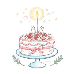 Rule 34 | artist name, blue bow, bow, cake, candle, closed mouth, commentary request, cream, fire, flower, food, food focus, fruit, holding, holding flower, no humans, original, pink flower, pink ribbon, rabbit, ribbon, simple background, sitting, smile, sparkle, strawberry, strawberry cake, strawberry slice, tokoyu, twitter username, white background, white flower, white rabbit (animal)