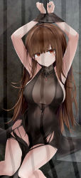 Rule 34 | 1girl, absurdres, armpits, arms up, bare shoulders, black dress, blunt bangs, blush, bound, bound arms, breasts, brown hair, closed mouth, dress, dsr-50 (girls&#039; frontline), dsr-50 (highest bid) (girls&#039; frontline), gem, girls&#039; frontline, groin, hair ornament, highres, jewelry, large breasts, long hair, looking at viewer, official alternate costume, pendant, prison cell, red eyes, red gemstone, ru zhai, see-through, sideboob, sidelocks, sitting, solo, thighs, torn clothes, very long hair