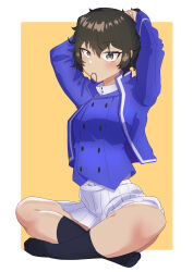 Rule 34 | 1girl, absurdres, adjusting hair, andou (girls und panzer), arms up, bc freedom military uniform, black eyes, black hair, black socks, blue jacket, blue vest, closed mouth, commentary, dark-skinned female, dark skin, dress shirt, girls und panzer, hair tie in mouth, hands in hair, high collar, highres, indian style, jacket, long sleeves, looking at viewer, military, military uniform, miniskirt, mouth hold, pleated skirt, shirt, short hair, sitting, skirt, smile, socks, solo, tenpura32200, tying hair, uniform, vest, white shirt, white skirt, yellow background