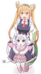 Rule 34 | 10s, 2girls, :d, :o, beads, blonde hair, blue eyes, capelet, dragon girl, dragon tail, full body, gloves, gradient hair, hair beads, hair ornament, holding, holding own hair, horns, kanna kamui, kobayashi-san chi no maidragon, large tail, long hair, low twintails, maid, maid headdress, multicolored hair, multiple girls, open mouth, outstretched arms, silver hair, slippers, slit pupils, smile, standing, tail, takamono, thighhighs, tohru (maidragon), twintails, white gloves, white legwear