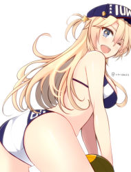 Rule 34 | 1girl, ass, baseball cap, bikini, blonde hair, blue eyes, blue hat, breasts, character name, cowboy shot, from behind, hair ornament, hat, iowa (kancolle), kantai collection, large breasts, leaning forward, looking at viewer, looking back, one-hour drawing challenge, simple background, solo, star-shaped pupils, star (symbol), star hair ornament, swimsuit, symbol-shaped pupils, teramoto kaoru, two-tone bikini, white background