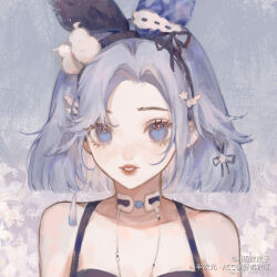 Rule 34 | 1girl, animal ear hairband, animal ears, bare arms, black hairband, black ribbon, black tank top, blue background, blue eyes, blue hair, blunt ends, bow, chinese commentary, choker, commentary request, ear ribbon, expressionless, eyelashes, fake animal ears, floral background, flower, hair ornament, hair ribbon, hairband, jewelry, light blush, lily (flower), lipstick, makeup, mascara, mismatched animal ear colors, necklace, original, parted lips, rabbit ear hairband, rabbit ears, red lips, ribbon, ribbon trim, short hair, snowman hair ornament, solo, spaghetti strap, star (symbol), star hair ornament, tank top, tassel, tassel hair ornament, upper body, watermark, weibo logo, weibo username, white flower, wing hair ornament, xi guapi