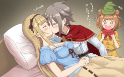 Rule 34 | 3girls, ange (princess principal), beatrice (princess principal), bed, blonde hair, blush, breasts, brown eyes, brown hair, cleavage, closed eyes, cosplay, gradient background, grey hair, large breasts, monta, multiple girls, open mouth, princess (princess principal), princess principal, simple background, snow white, snow white and the seven dwarfs, yuri