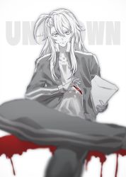 Rule 34 | :3, ahoge, ambiguous gender, anno un, blood, character request, check gender, collarbone, english text, greyscale, hair between eyes, holding, jacket, long hair, male focus, monochrome, open clothes, open jacket, signature, sitting, sleeves past wrists, smile, solo, spot color, undead unluck, waterstaring, zipper, zipper pull tab