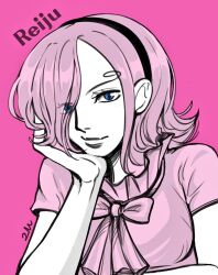 Rule 34 | 1girl, 27930529, blue eyes, character name, commentary request, curly eyebrows, frilled shirt, frills, hair over one eye, hand on own face, headband, korean commentary, light smile, looking at viewer, medium hair, neck ribbon, one piece, pink background, pink hair, pink shirt, ribbon, shirt, solo, upper body, vinsmoke reiju
