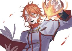 Rule 34 | 1boy, book, earrings, fire emblem, fire emblem engage, gold earrings, highres, holding, holding book, jewelry, nintendo, open mouth, orange hair, pandreo (fire emblem), priest, red trim, robe, upper body, white robe, window fe, yellow eyes