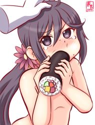 Rule 34 | 1girl, akebono (kancolle), artist logo, bare shoulders, bell, commentary request, dated, disembodied hand, eating, ehoumaki, flower, food, hair bell, hair flower, hair ornament, jingle bell, kanon (kurogane knights), kantai collection, long hair, makizushi, nude, one-hour drawing challenge, petting, purple eyes, purple hair, sexually suggestive, side ponytail, simple background, solo, sushi, tears, upper body, very long hair, white background
