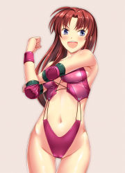 Rule 34 | 1girl, armpits, blue eyes, boots, breasts, brown hair, corey sniper, corset, digdug006, elbow pads, long hair, medium breasts, open mouth, smile, solo, wrestle angels, wrestle angels survivor, wrestle angels survivor 2, wrestling outfit