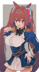 Rule 34 | 1girl, :d, animal ears, blue jacket, bow, breasts, brown hair, center frills, commentary request, daiwa scarlet (umamusume), epaulettes, fang, frills, grey background, hair between eyes, hair bow, hair intakes, hand on own hip, highres, horse ears, jacket, juliet sleeves, large breasts, long hair, long sleeves, looking at viewer, mieharu, open mouth, pleated skirt, puffy sleeves, red bow, red eyes, shirt, skirt, smile, solo, tiara, twintails, two-tone background, umamusume, very long hair, white background, white shirt, white skirt