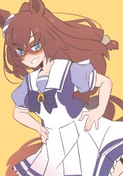 Rule 34 | 1girl, absurdres, animal ears, blue bow, blue eyes, blue shirt, blush, bow, brown hair, collarbone, commentary, el condor pasa (umamusume), eye mask, frilled skirt, frills, grin, hair between eyes, hands on own hips, highres, horse ears, horse girl, horse tail, looking at viewer, maru (hachi 47923), pleated skirt, puffy short sleeves, puffy sleeves, school uniform, shirt, short sleeves, simple background, skirt, smile, solo, symbol-only commentary, tail, tracen school uniform, umamusume, white skirt, yellow background