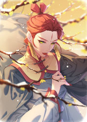 Rule 34 | 1girl, blurry, blurry background, blurry foreground, branch, earrings, fingernails, green eyes, highres, jewelry, lanxi zhen, long fingernails, long sleeves, looking at viewer, red hair, red neckwear, smile, solo, suncle, luo xiaohei zhanji, twitter username, upper body, yan ming (the legend of luoxiaohei)