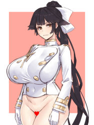 Rule 34 | 1girl, azur lane, black hair, bottomless, breasts, brown eyes, censored, gloves, groin, hayama kazusa, heart, heart censor, highres, large breasts, long hair, looking at viewer, ponytail, solo, sweatdrop, takao (azur lane), very long hair, white gloves