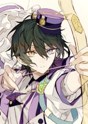 Rule 34 | 1boy, amanemio2, arrow (projectile), black hair, blue eyes, bow (weapon), ensemble stars!, hat, heterochromia, jacket, kagehira mika, long sleeves, male focus, mini hat, multicolored clothes, multicolored jacket, official alternate costume, parted lips, short hair, solo, teeth, weapon, white jacket, yellow eyes