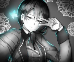 Rule 34 | 1girl, alter ego (game), aqua theme, bad id, bad pixiv id, braid, bug, butterfly, closed mouth, es (alter ego), gloves, hair over shoulder, insect, jacket, light smile, long sleeves, looking at viewer, medium hair, nidaime (doronbo), selfie, single braid, solo, upper body, v over eye