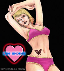 Rule 34 | 1girl, armpits, arms up, asia airport, blonde hair, bra, breasts, bug, butterfly, female focus, gradient hair, green eyes, insect, konami, lowres, maria (silent hill), midriff, multicolored hair, panties, pink bra, pink panties, red hair, short hair, silent hill, silent hill (series), silent hill 2, simple background, solo, tattoo, underwear