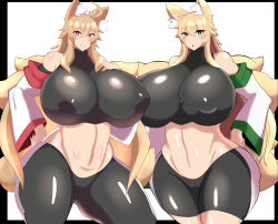 Rule 34 | 2girls, 46ayamahi, :o, absurdres, ahoge, animal ear fluff, animal ears, bare shoulders, black legwear, blonde hair, breasts, brown hair, curvy, detached sleeves, elbow sleeve, fox ears, fox girl, fox tail, green eyes, hand on breast, hand on own hip, highres, huge breasts, japanese clothes, linea alba, long hair, midriff, multiple girls, original, pink eyes, plump, puffy areolae, shiny clothes, shiny skin, simple background, sleeveless, tail, thick thighs, thighs, turtleneck, white background