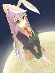 Rule 34 | 1girl, absurdres, animal ears, blazer, blouse, breasts, buttons, collared shirt, highres, imperishable night, jacket, large breasts, light purple hair, long hair, looking at viewer, medium skirt, necktie, pink skirt, pleated skirt, purple hair, rabbit ears, rabbit girl, red eyes, red necktie, reisen udongein inaba, shirt, sitting, skirt, solo, star (sky), touhou, very long hair, white legwear, white shirt