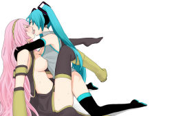 Rule 34 | 2girls, aqua hair, bad id, bad pixiv id, blush, boots, breasts, closed eyes, female focus, french kiss, hatsune miku, kiss, large breasts, leg lock, legs, long hair, megurine luka, multiple girls, nipples, no bra, no panties, open clothes, open shirt, pink hair, shirt, shoes, simple background, single shoe, spread legs, suko mugi, sweat, tears, thighhighs, tongue, twintails, very long hair, vocaloid, white background, yuri