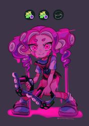 Rule 34 | 1girl, absurdres, arrow (symbol), artist name, black shorts, closed mouth, dark tetra dualies (splatoon), dolphin shorts, drill hair, dripping, dual wielding, female focus, finger on trigger, flat chest, forehead, full body, gameplay mechanics, grey background, halo, happy, highres, holding, holding weapon, ink, looking at viewer, multicolored hair, nintendo, nui-chan, octoling, octoling girl, octoling player character, pink eyes, pink footwear, pink hair, pink theme, puddle, purple hair, red vest, sandals, shirt, short shorts, short sleeves, shorts, sidelocks, signature, simple background, smile, socks, solo, splatoon (series), standing, strap slip, suction cups, tentacle hair, tentacles, twin drills, twintails, twitter username, two-tone hair, vest, weapon, white shirt, white socks, wide-eyed, yandere