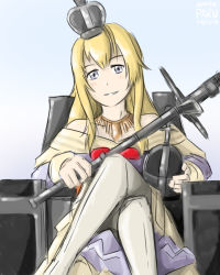 Rule 34 | 10s, 1girl, admiral paru, blonde hair, blue eyes, crown, dress, kantai collection, crossed legs, long hair, mini crown, orb, poorly drawn, scepter, sitting, smile, smug, solo, thighhighs, throne, warspite (kancolle)