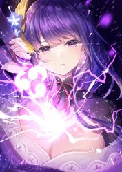 Rule 34 | 1girl, artist name, bow, bowtie, breasts, electricity, flower, fujimori shiki, genshin impact, hair flower, hair ornament, hand up, highres, holding, holding sword, holding weapon, human scabbard, japanese clothes, long hair, looking at viewer, medium breasts, messy hair, parted lips, purple eyes, purple hair, raiden shogun, sidelocks, solo, sword, upper body, weapon