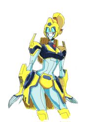 Rule 34 | 1girl, autobot, blue eyes, blue skin, blush, breasts, colored skin, curvy, elita one, highres, humanoid robot, itstom06331391, medium breasts, narrow waist, panties, ponytail, robot, science fiction, simple background, smile, solo, transformers, transformers animated, underwear, white background, yellow panties