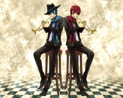 Rule 34 | 2boys, ahoge, akaito, aqua scarf, blue eyes, blue hair, clothes, fedora, formal, hat, instrument, kaito (vocaloid), katase waka, male focus, multiple boys, music, musical note, necktie, playing instrument, red eyes, red hair, red scarf, scarf, short hair, suit, trumpet, vocaloid