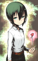 Rule 34 | 1girl, belt, blush, breasts, brown belt, collared shirt, commentary request, dress shirt, flower, flower request, green eyes, green hair, hair between eyes, highres, kino (kino no tabi), kino no tabi, light blush, long sleeves, looking at viewer, motorii, petals, redrawn, shirt, short hair, small breasts, smile, solo, tomboy, upper body, white shirt
