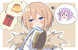 Rule 34 | 1girl, :d, bare shoulders, blanc (neptunia), blue eyes, blush, box, brown hair, choujigen game neptune, coat, concentrating, d-pad, d-pad hair ornament, facing viewer, food, fur-trimmed coat, fur trim, gift, gift box, hair between eyes, hair ornament, hand on own chin, hand up, looking afar, medium hair, neptune (neptunia), neptune (series), off-shoulder coat, off shoulder, open mouth, pudding, purple hair, ray 726, smile, solo, squiggle, thinking, thought bubble, upper body, valentine, very long sleeves, wide sleeves, yuri