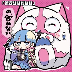 Rule 34 | 1girl, animal, black footwear, blue eyes, blue hair, blue sailor collar, blue serafuku, blue shirt, blush stickers, bubble tea, character request, collared shirt, colored inner hair, commentary request, copyright request, cup, disposable cup, drink, drinking, drinking straw, eyelashes, full body, half-closed eyes, highres, holding, holding drink, long hair, looking ahead, multicolored hair, original, oversized animal, pink background, pink hair, polka dot, polka dot background, sailor collar, school uniform, serafuku, shirt, shoes, simple background, sitting, sneakers, solo, sweatdrop, terada tera, v-shaped eyebrows