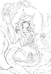 Rule 34 | 1girl, absurdres, ahri (league of legends), animal ear fluff, animal ears, bracelet, closed mouth, facial mark, fingernails, fire, fire, fox ears, fox tail, greyscale, highres, hitodama, jewelry, kitsune, league of legends, lineart, long fingernails, long hair, long sleeves, monochrome, multiple tails, sharp fingernails, simple background, smile, solo, tail, talos198, very long fingernails, whisker markings, white background, wide sleeves